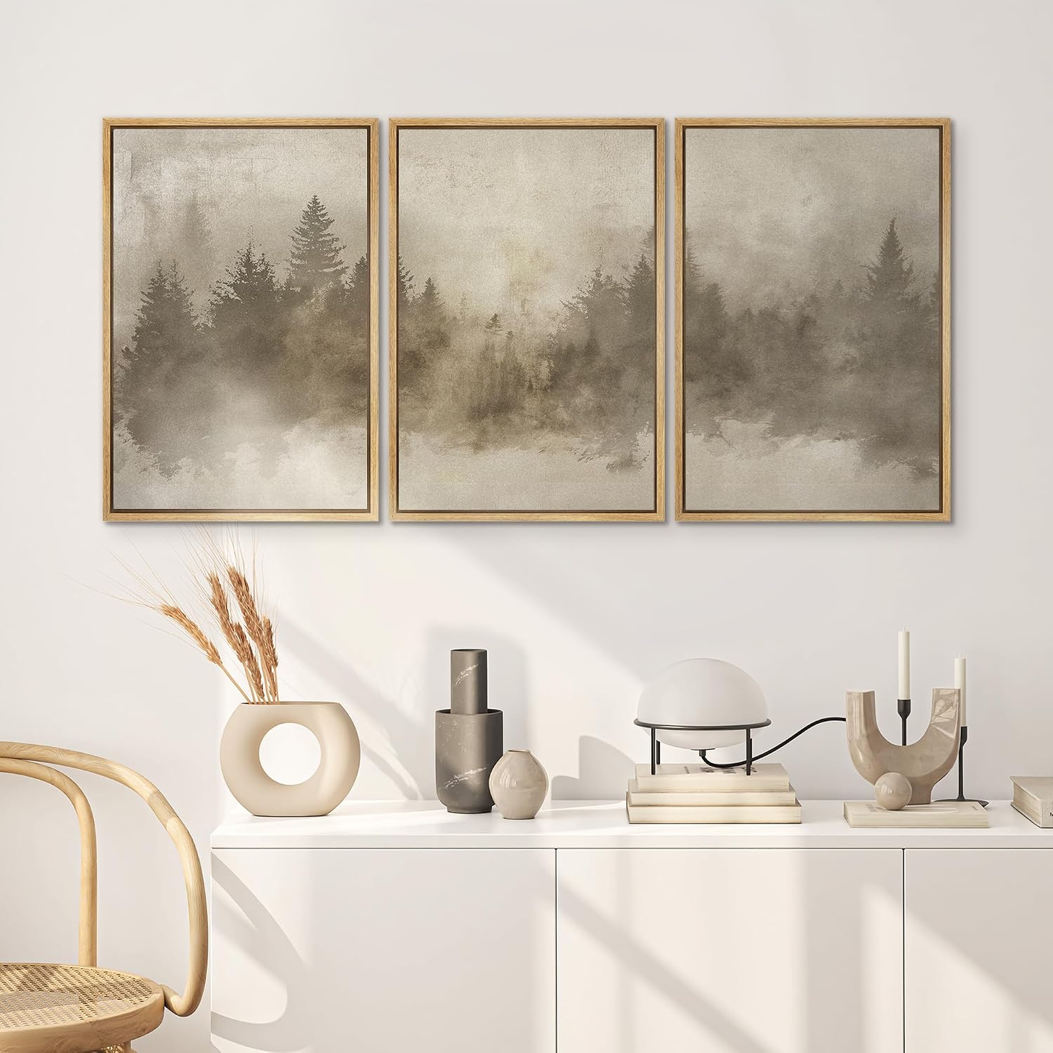 SIGNWIN Framed Canvas Print Wall Art Set Misty Forest Landscape in Sepia Tones Illustrations Modern Bohemian Scenic Colorful Ultra for Living Room, Bedroom, Office - 24'x36'x3 Natural