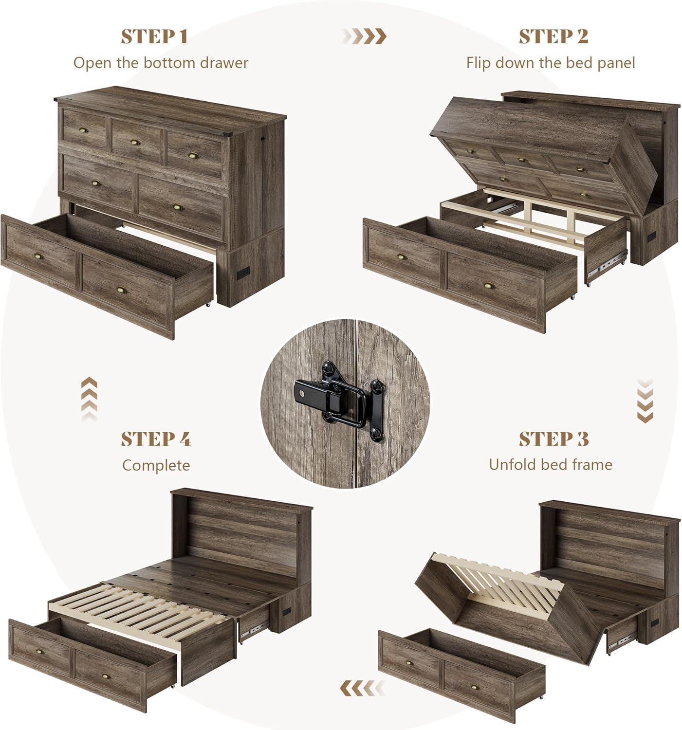 AMERLIFE Full Size Murphy Bed with Folding Mattress, Farmhouse Wooden Cabinet with Charging Station and Storage Drawer for Bedroom/Office/Guest Room, Grey Oak