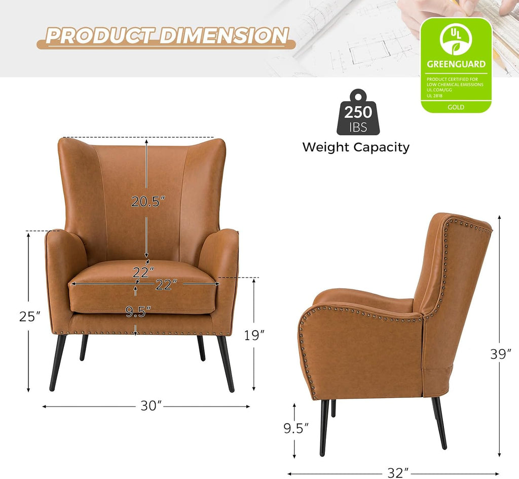 HULALA HOME Faux Leather Accent Chair with Removable Cushion, Comfy Upholstered Armchair with Black Metal Legs & Nailhead Trim Wingback Vanity Chair for Reading Living Room Bedroom, Camel