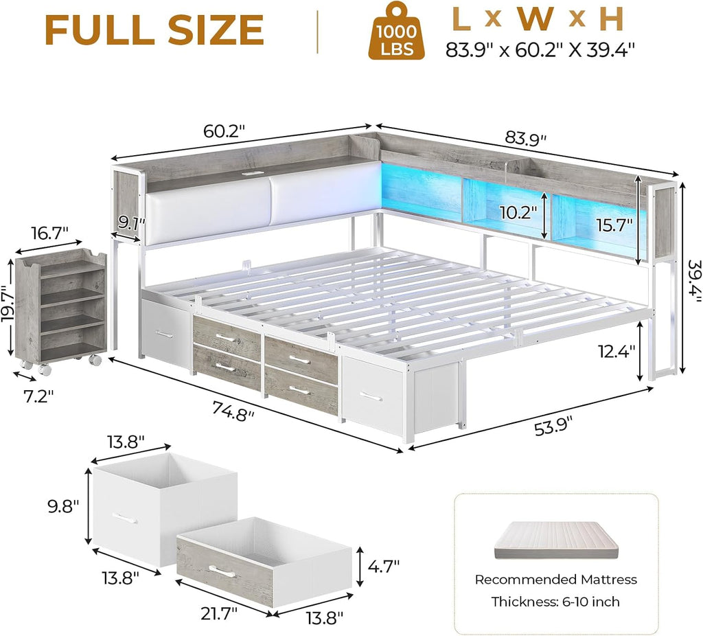 MSmask 14 Inch Corner Bed Frame with Pull-Out Cabinet, Bookcase & Headboad Storage, Full LED Daybed with 6 Drawers, Charging Station, Full Size Metal Platform Bed for Kids Teen, White & Oak Grey
