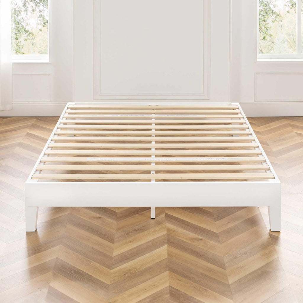 Mellow Naturalista Grand 12 Inch Solid Wood Platform Bed with Wooden Slats, Easy Assembly, Queen, White
