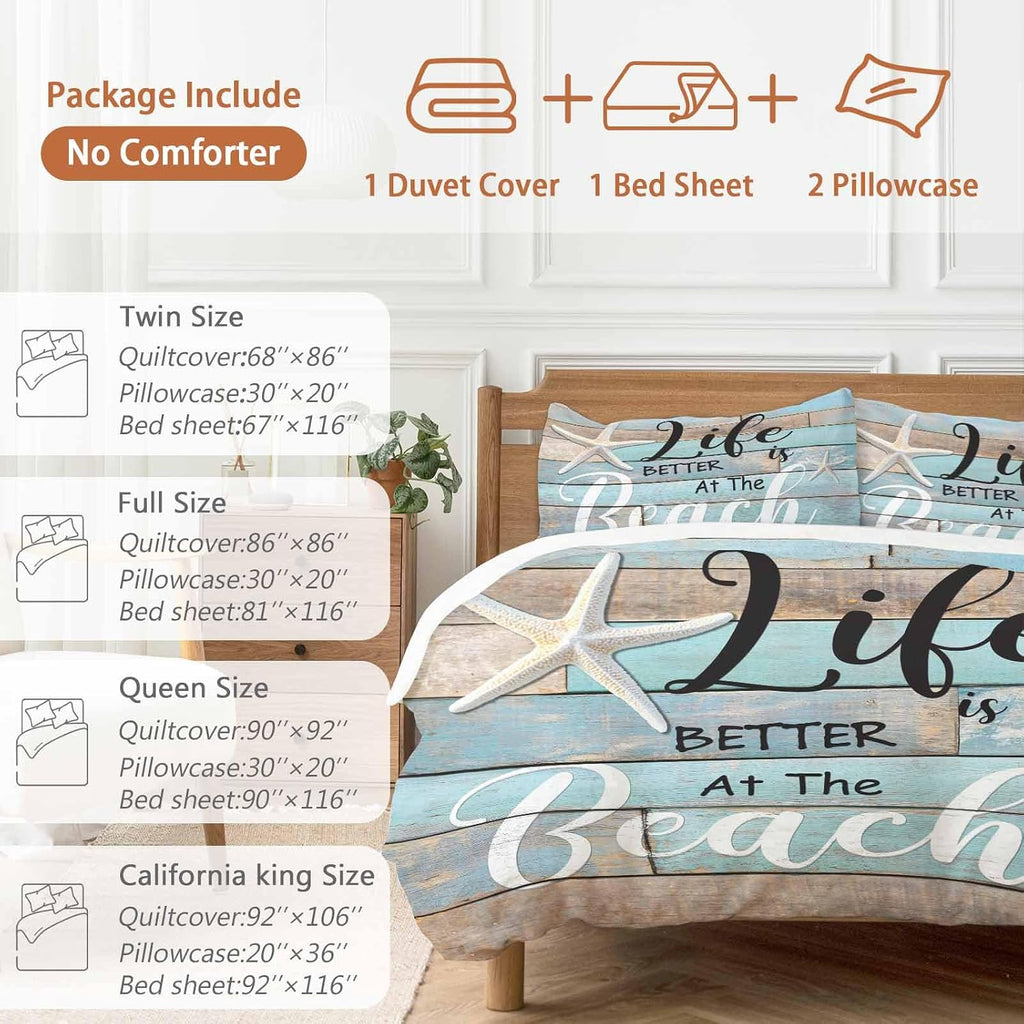 Life Is Duvet Cover Set Queen Size 4 Pieces Better at The Beach Summer Starfish Teal Wood Grain Bedding Set with Zipper Closure, 1 Comforter Cover 86x86 Inches 1 Flat Sheet & 2 Pillow Cases