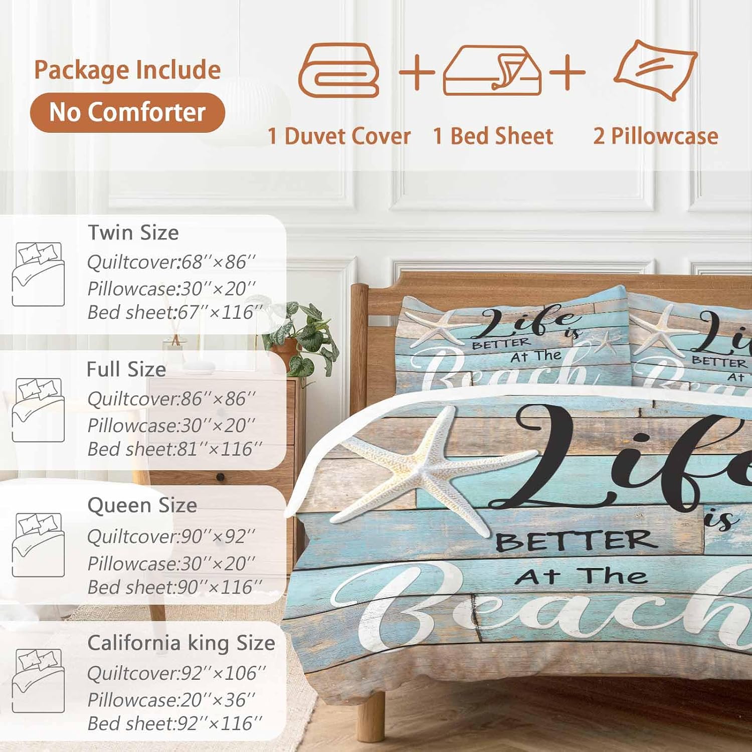 Life Is Duvet Cover Set Queen Size 4 Pieces Better at The Beach Summer Starfish Teal Wood Grain Bedding Set with Zipper Closure, 1 Comforter Cover 86x86 Inches 1 Flat Sheet & 2 Pillow Cases