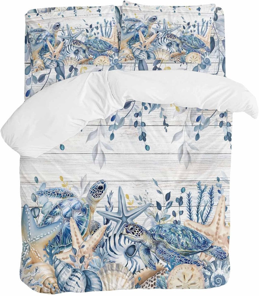 Ocean Turtle Duvet Cover Set Queen Size 4 Pieces Retro Sea Stars Shells Blue Leaf Wood Grain Bedding Set with Zipper Closure, 1 Comforter Cover 92x106 Inches 1 Flat Sheet & 2 Pillow Cases