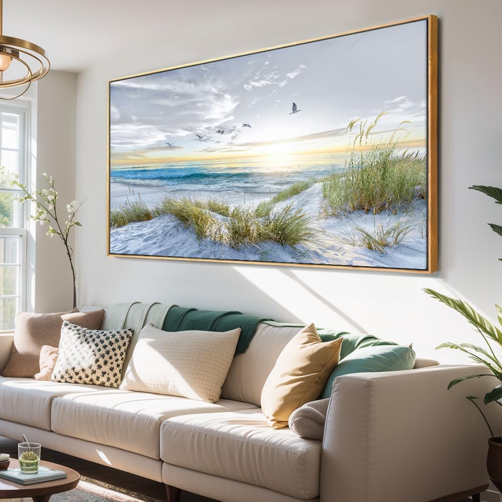 Canvas Prints Wall Art Beach Sunrise Ocean Waves Beach Grass Nature Pictures Stretched Canvas Wooden Framed for living Room Bedroom and Office Home Decor 24'x48' with Framed