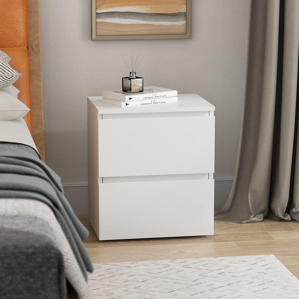 AIEGLE White Nightstand with 2 Drawers, Small Wood Storage Bed Side Table End Table Set of 2, Handle Free Storage for Bedroom Living Room Office (15.7' W x 11.6' D x 18.9' H)