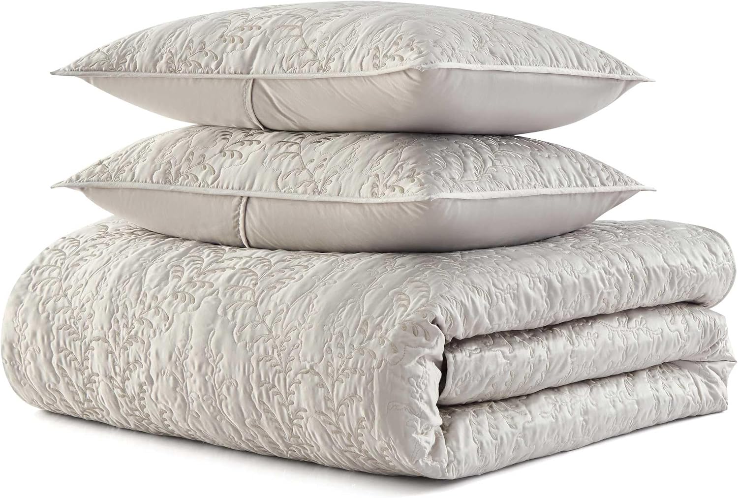Martha Stewart - Queen Size Quilt Set, Soft & Smooth Sateen Bedding with a Light and Breathable Feel, 3 Piece Bed Set with Matching Pillowcases (Fern Embroidery Grey)