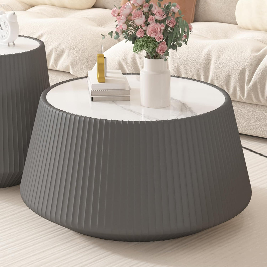 26.77' Grey Round Coffee Table, Drum Coffee Table with Sintered Stone Tabletop and Fluted PU Leather Covered and Stable Base, Circle Cocktail Tea Table for Living Room