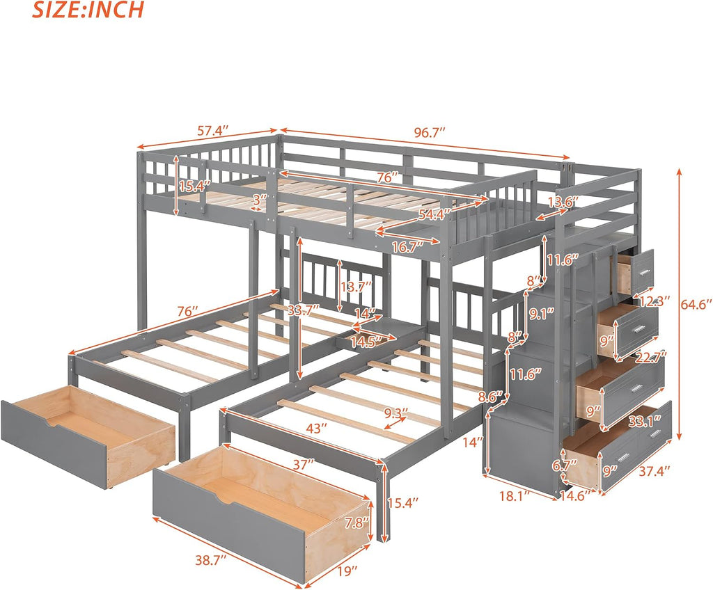 VilroCaz Upgraded Version Full Over Twin & Twin Bunk Bed, Solid Wood Triple Bunk Bed with Storage Drawers and Staircase, Strong Sturdy Bunk Bed Frame with Guardrails for Kids Teens Aldults (Gray-U)