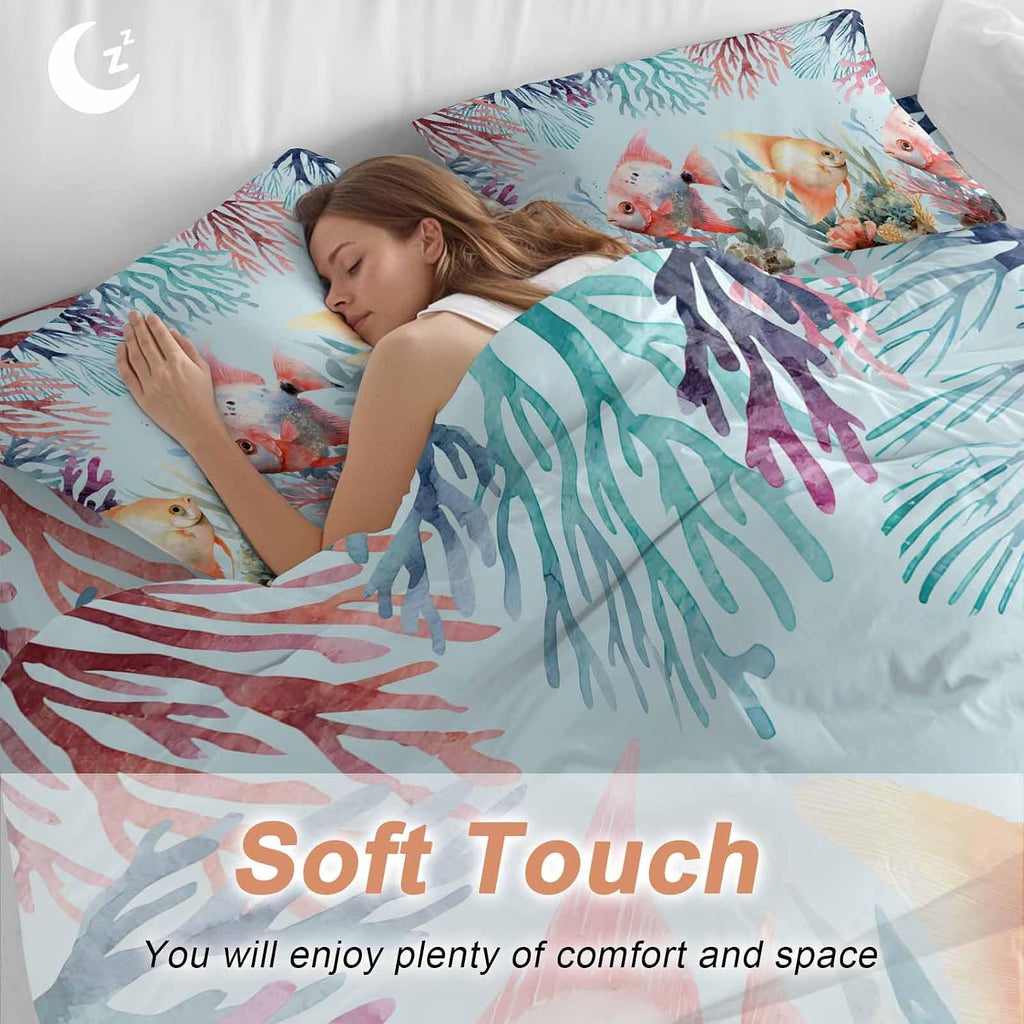 Summer Fish Duvet Cover Set Queen Size 4 Pieces Nautical Watercolor Orange Red Marine Life Coral Seaweed Bedding Set with Zipper Closure, 1 Comforter Cover 92x106 Inches 1 Flat Sheet & 2 Pillow Cases