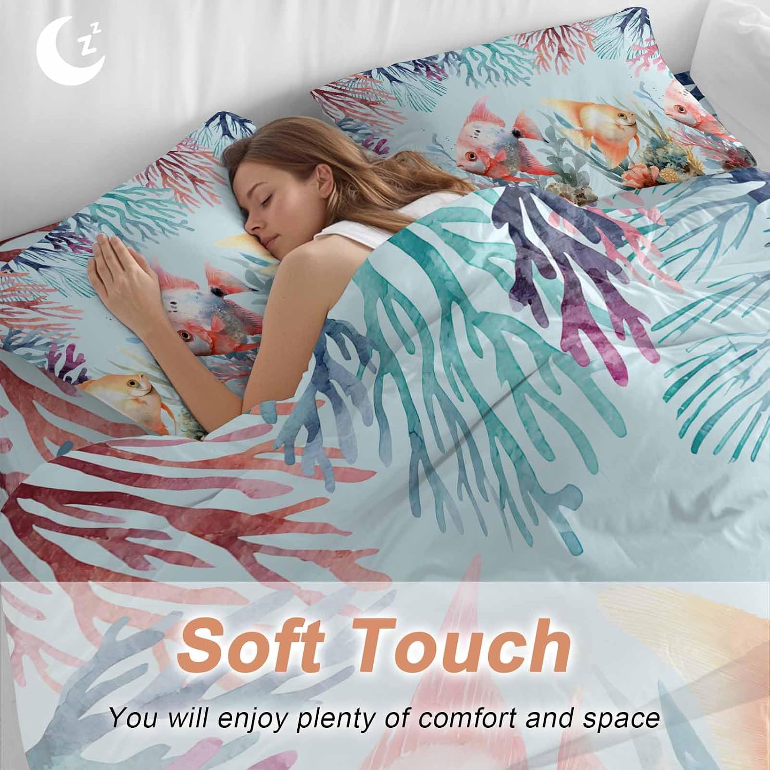Summer Fish Duvet Cover Set Queen Size 4 Pieces Nautical Watercolor Orange Red Marine Life Coral Seaweed Bedding Set with Zipper Closure, 1 Comforter Cover 92x106 Inches 1 Flat Sheet & 2 Pillow Cases