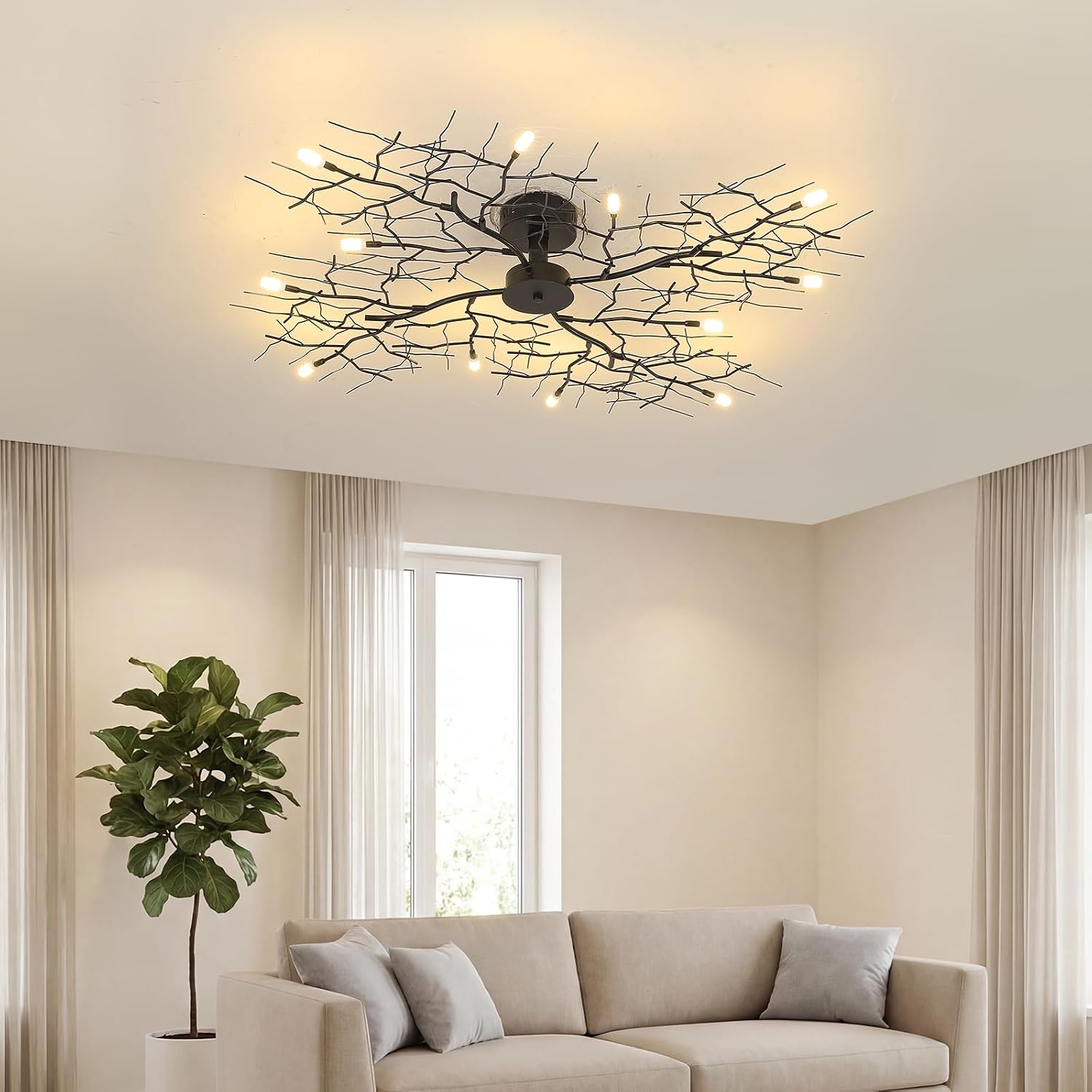 Vintage Handmade Tree Vine Decorative Branches Chandeliers Black Close to Ceiling Light Flush Mount Fixture with 12 Light 60W 44' Dia;Room Bedroom Kitchen Dining Room Aisle&Corridor