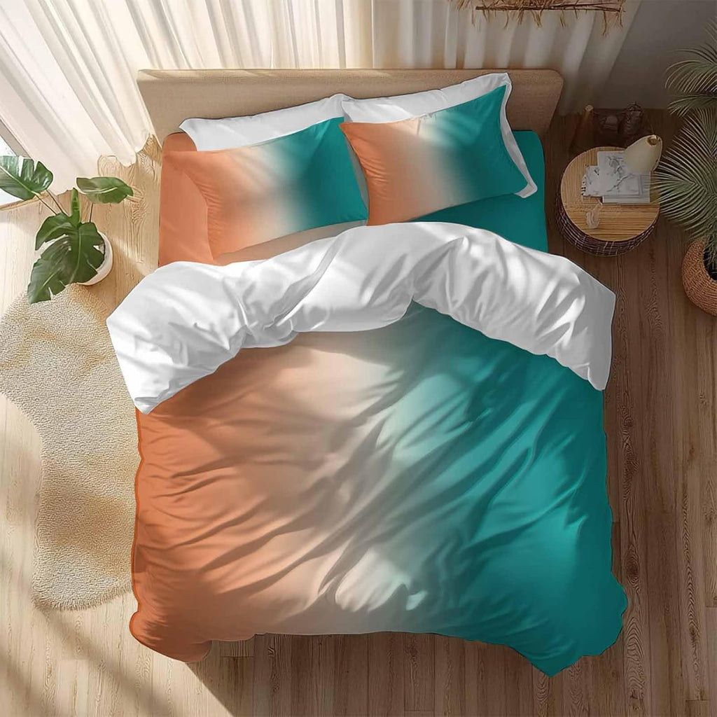 Gradient Green Orange Duvet Cover Set Queen Size 4 Pieces Modern Abstract Minimalist Teal Brown Ocean Beach Bedding Set with Zipper Closure,1 Comforter Cover 86x86 Inches 1 Flat Sheet & 2 Pillow Cases