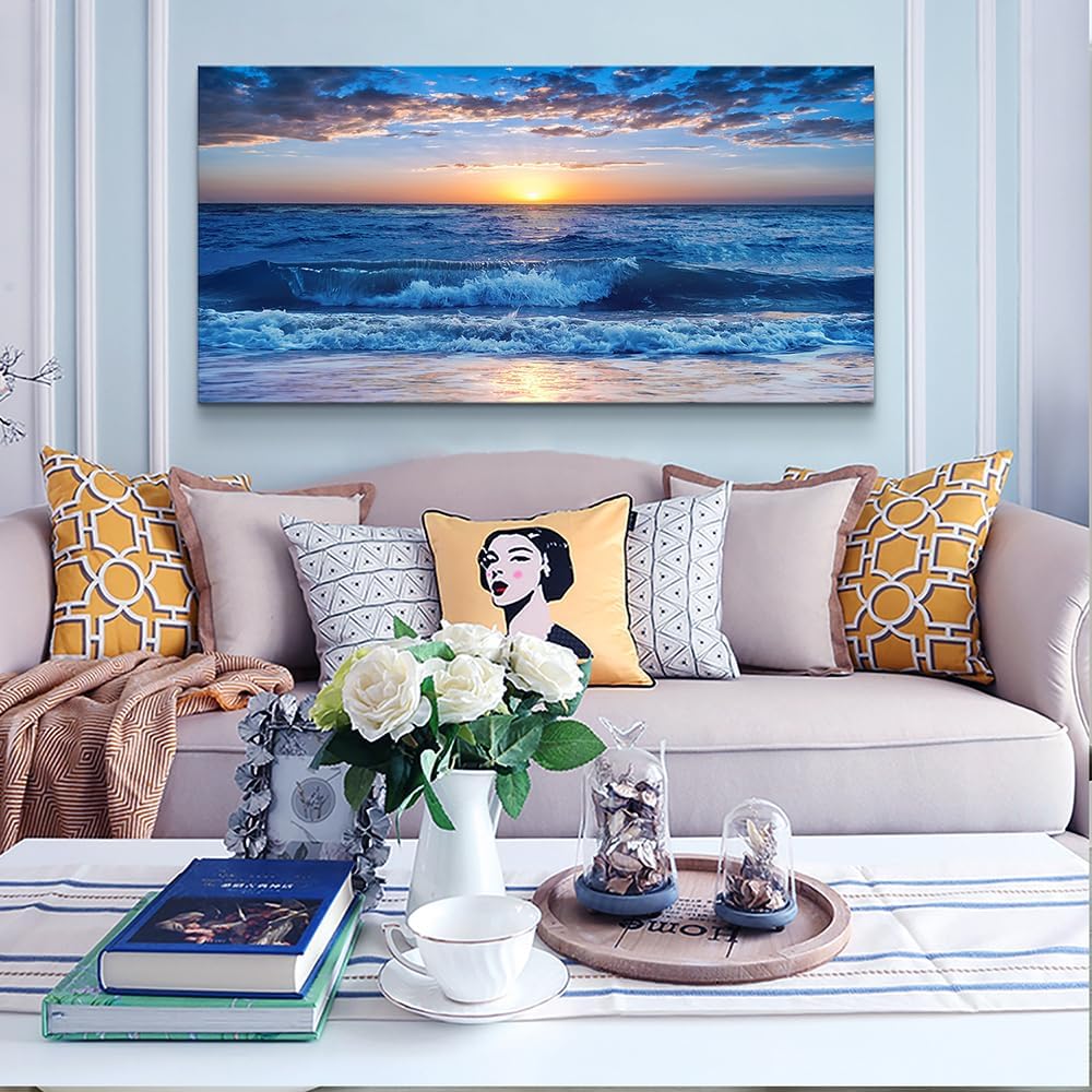 Wapluam Large Canvas Wall Art For Office Farmhouse Living Room Ocean Beach Wall Paintings Blue Sea View Wave Wall Pictures Framed Prints Artwork Modern Bedroom Home Decor 30'X 60'