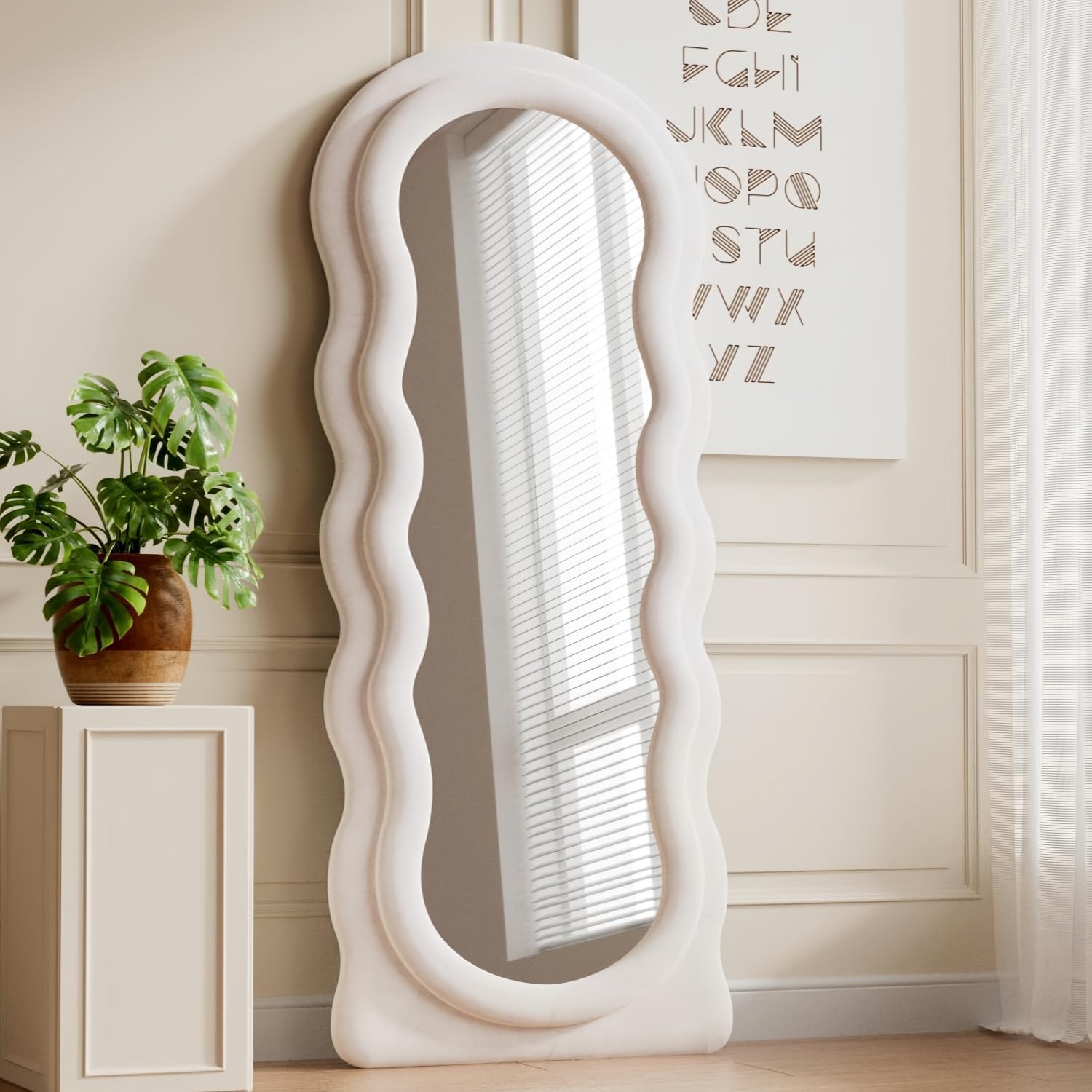 Dewfig Full Length Mirror, 63' x 24'Irregular Wavy Mirror, Large Floor Length Mirrors Wall Mounted, Standing Wavy Mirrors with Flannel Wrapped Wooden Frame for Bedroom/Living Room, White