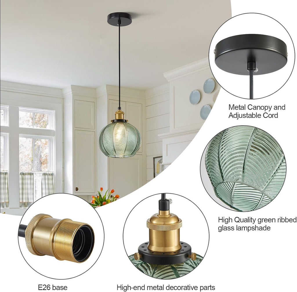 7.8in Vintage Pendant Light 2- Light Kitchen Sink Pendant Lights with Green Hand Blown Glass Small Hanging Lamp for Kitchen Island Dining Room Bedroom Bathroom Hallway E26