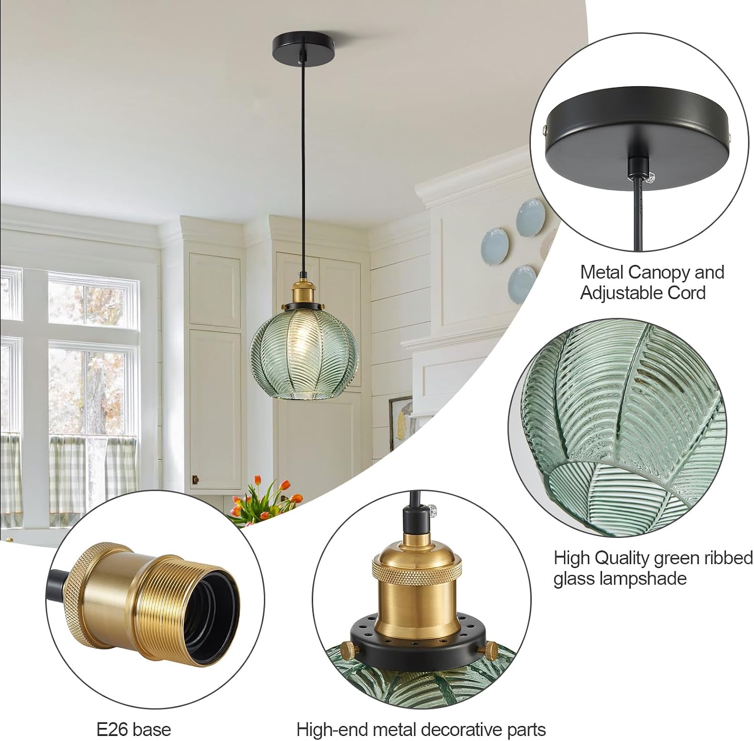 7.8in Vintage Pendant Light 2- Light Kitchen Sink Pendant Lights with Green Hand Blown Glass Small Hanging Lamp for Kitchen Island Dining Room Bedroom Bathroom Hallway E26