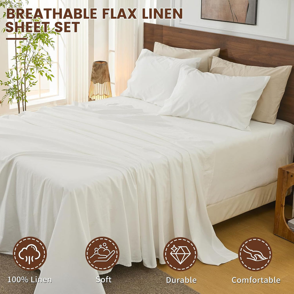 Bedlifes 100% French Linen Sheets California King Size 18-24' Extra Deep Pocket 4-Piece Set Breathable & Moisture-Wicking,Soft & Durable Sheets for Thick Mattresses(White)