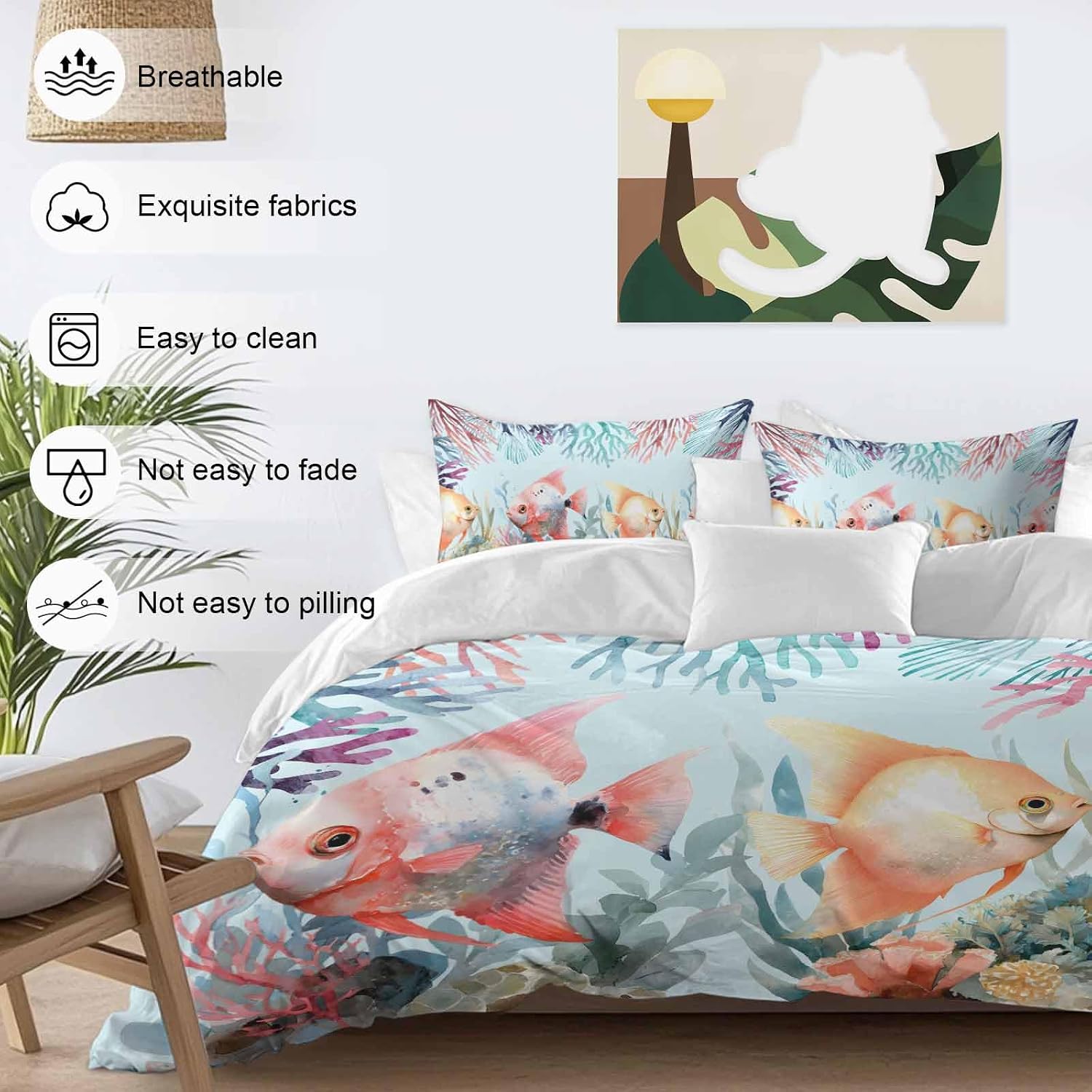 Summer Fish Duvet Cover Set Queen Size 4 Pieces Nautical Watercolor Orange Red Marine Life Coral Seaweed Bedding Set with Zipper Closure, 1 Comforter Cover 92x106 Inches 1 Flat Sheet & 2 Pillow Cases