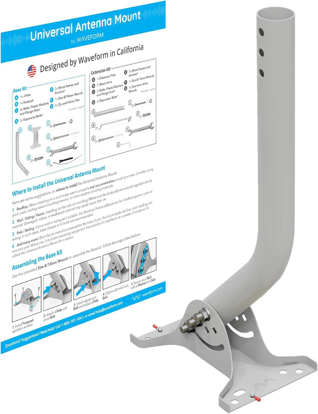 Waveform QuadPro + 10' Cable + Pole Mount Bundle - 4x4 MIMO Panel Antenna for 4G/5G Routers & Gateways for T-Mobile Home Internet, Verizon, AT&T - Bundle with 10' SMA Cable and Pole Mount
