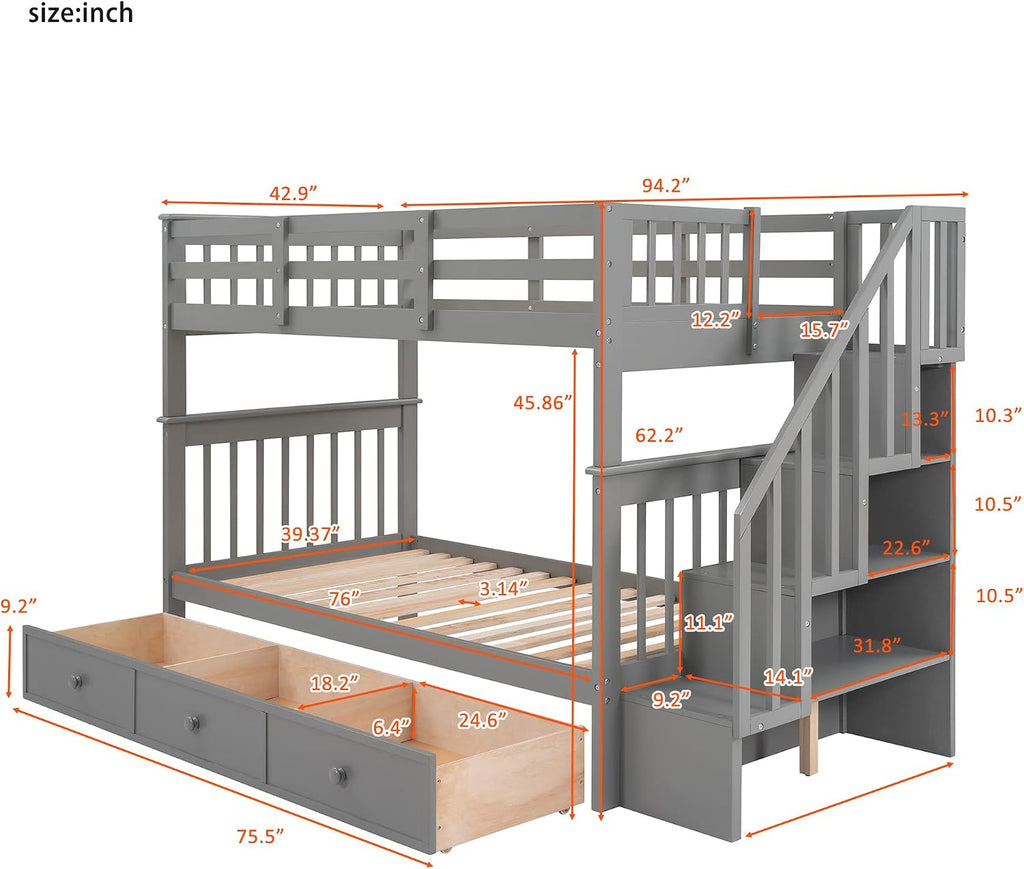 Merax Twin Over Twin Stairway Bunk Bed with 3 Storage Drawers and Staircase, Solid Wood Storage Bunk Bed Frame with Guardrail, Can be Separated into 2 Beds, Grey