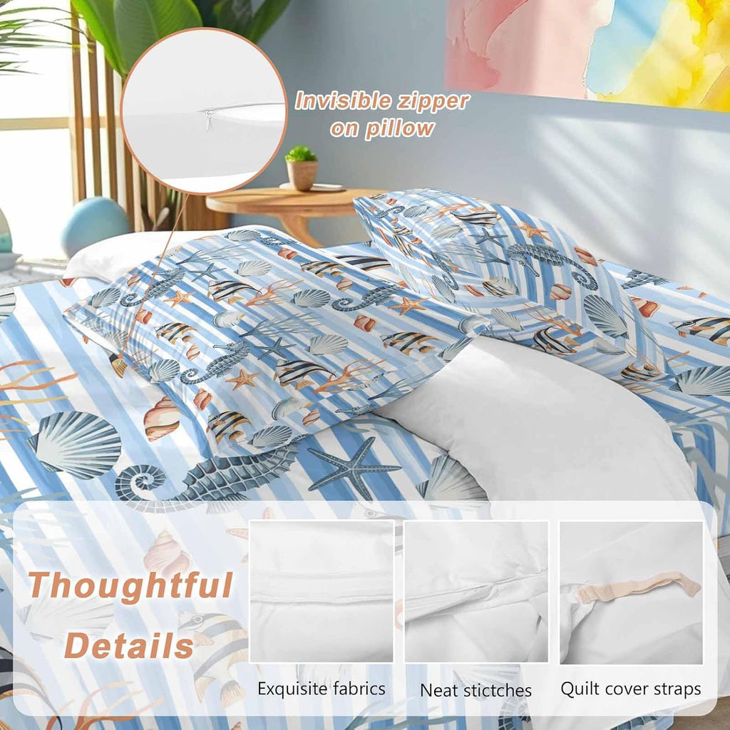 Summer Marine Life Duvet Cover Set Queen Size 4 Pieces Seahorses Corals Tropical Fish Blue Striped Bedding Set with Zipper Closure, 1 Comforter Cover 92x106 Inches 1 Flat Sheet & 2 Pillow Cases