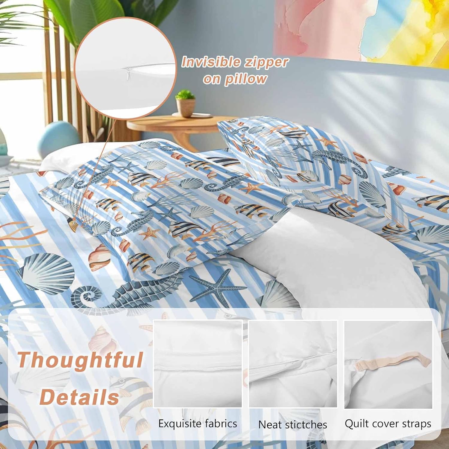 Summer Marine Life Duvet Cover Set Queen Size 4 Pieces Seahorses Corals Tropical Fish Blue Striped Bedding Set with Zipper Closure, 1 Comforter Cover 92x106 Inches 1 Flat Sheet & 2 Pillow Cases