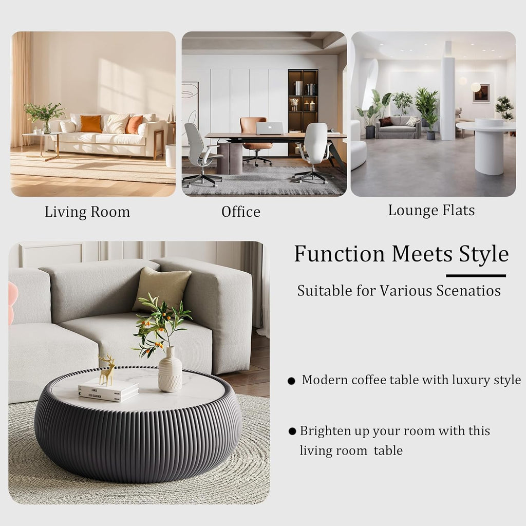 27.55' Grey Round Coffee Table, Drum Coffee Table with Sintered Stone Tabletop and Fluted PU Leather Covered and Stable Base, Circle Cocktail Tea Table for Living Room