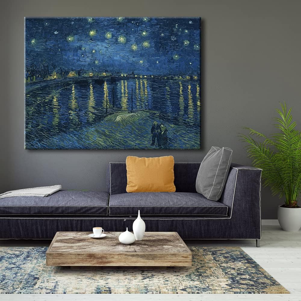 Wieco Art Starry Night Over the Rhone Canvas Prints Wall Art by Van Gogh Famous Oil Paintings Reproduction Extra Large Modern Gallery Wrapped Giclee Artwork Seascape Pictures for Bedroom Home Decor