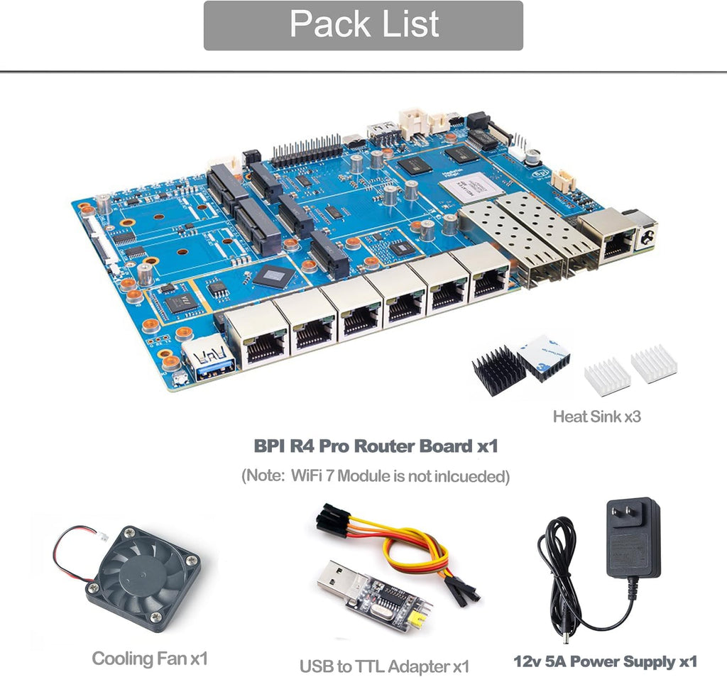Banana Pi BPI-R4 Pro 8X/4E WiFi 7 Wireless Dual-Band WiFi Router Board OpenWRT, MediaTek MT7988A30K DMIPS SoC - 2X 10GbE SFP&RJ45, 4X 2.5GbE LAN for NAS Smart Home Gateway (Bundle1, 8X)