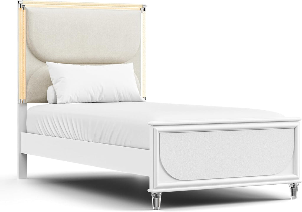 Furniture of America Leila Modern Wood 6-Piece Kids Bedroom Set with LED on Headboard and Mirror, Embossed Panels, Hidden Jewelry Tray, Felt-Lined, No Box Spring Needed, Twin, Pearl White