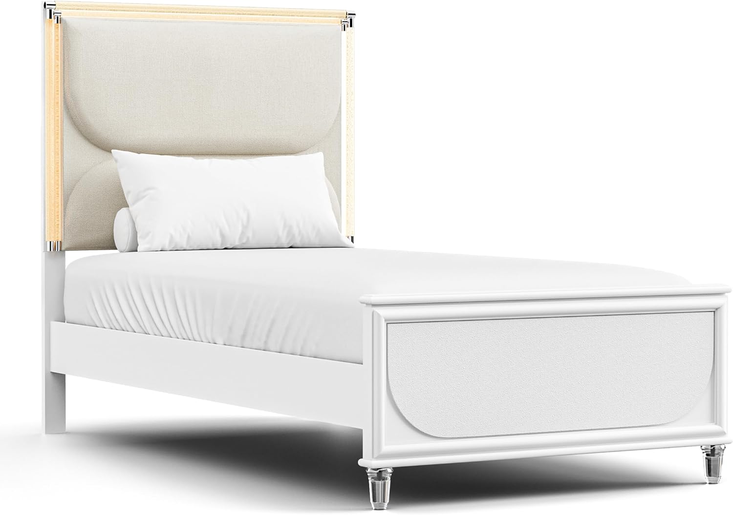 Furniture of America Leila Modern Wood 6-Piece Kids Bedroom Set with LED on Headboard and Mirror, Embossed Panels, Hidden Jewelry Tray, Felt-Lined, No Box Spring Needed, Twin, Pearl White