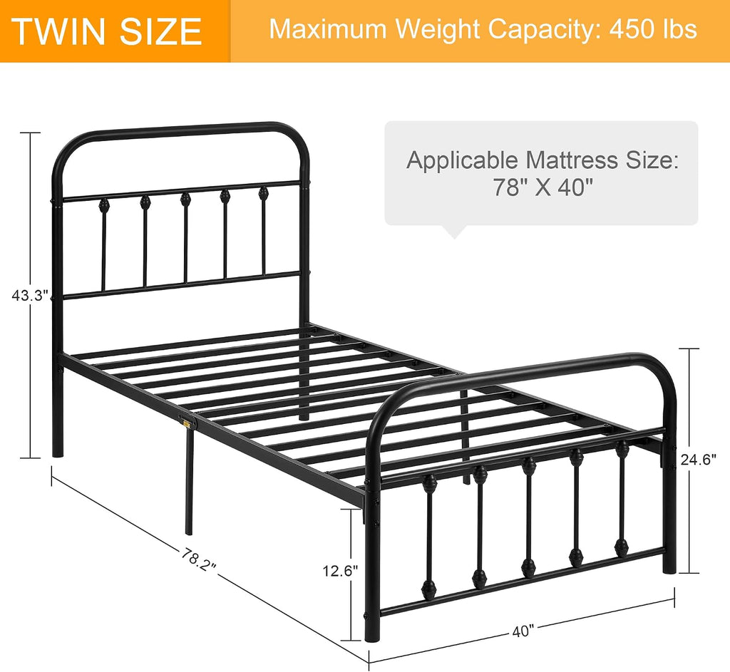 VECELO Twin Size Victorian Style Metal Bed Frame with Headboard Classic Metal Platform Bed Frame Mattress Foundation with Footboard/Under Bed Storage/No Box Spring Classic Black 2 Set