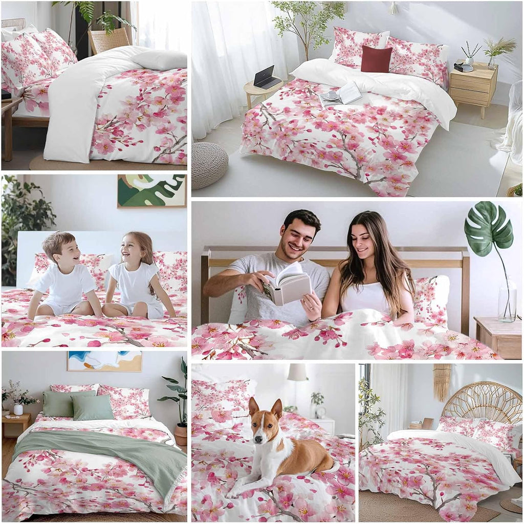 Spring Cherry Blossoms Duvet Cover Set Queen Size 4 Pieces Pink Flowers Branch Watercolor Plant Bedding Set with Zipper Closure, 1 Comforter Cover 86x86 Inches 1 Flat Sheet & 2 Pillow Cases