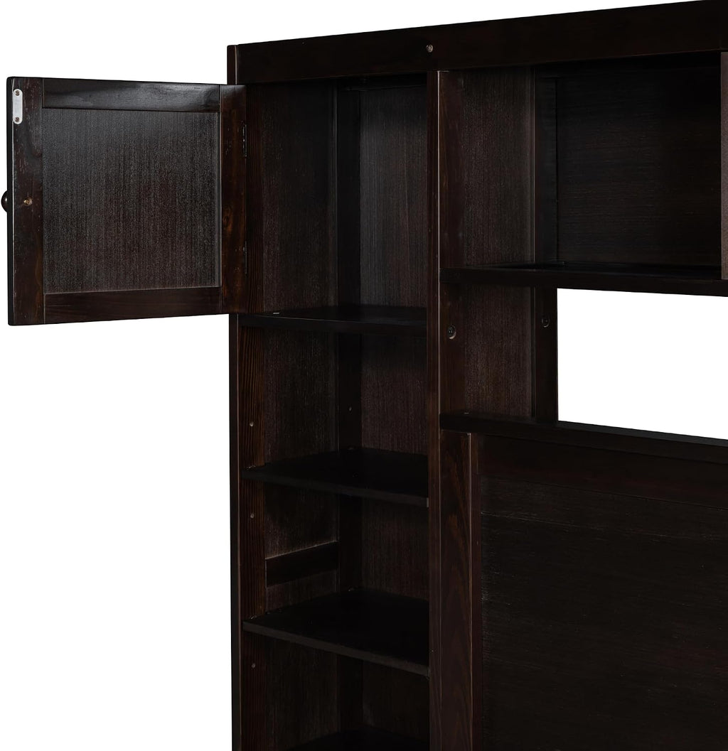 Merax Queen Size Wooden Bed with All-in-One Cabinet, Espresso Platform Bed Frame with 4 Drawers, Shelf and Sockets
