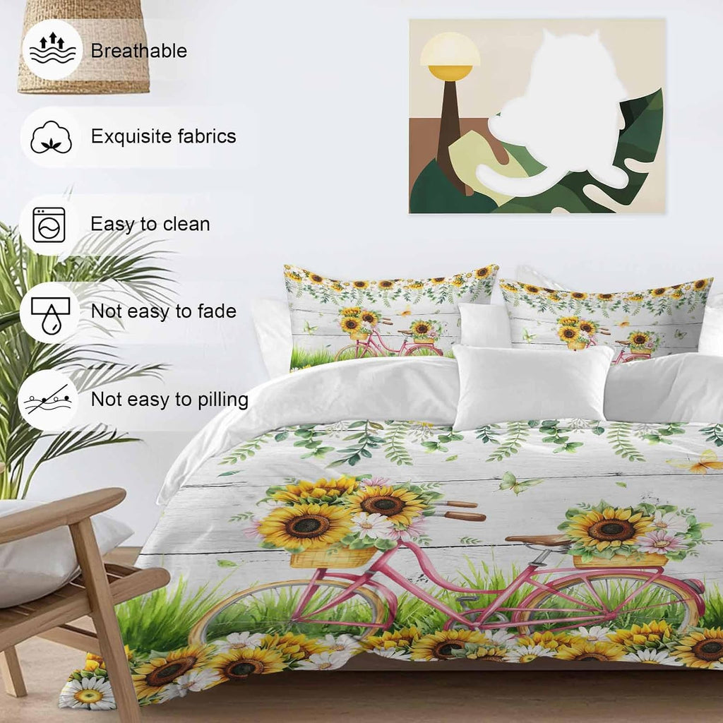 Spring Floral Duvet Cover Set Queen Size 4 Pieces Sunflower Daisy Bike Eucalyptus Leaves Grey Wood Bedding Set with Zipper Closure, 1 Comforter Cover 86x86 Inches 1 Flat Sheet & 2 Pillow Cases