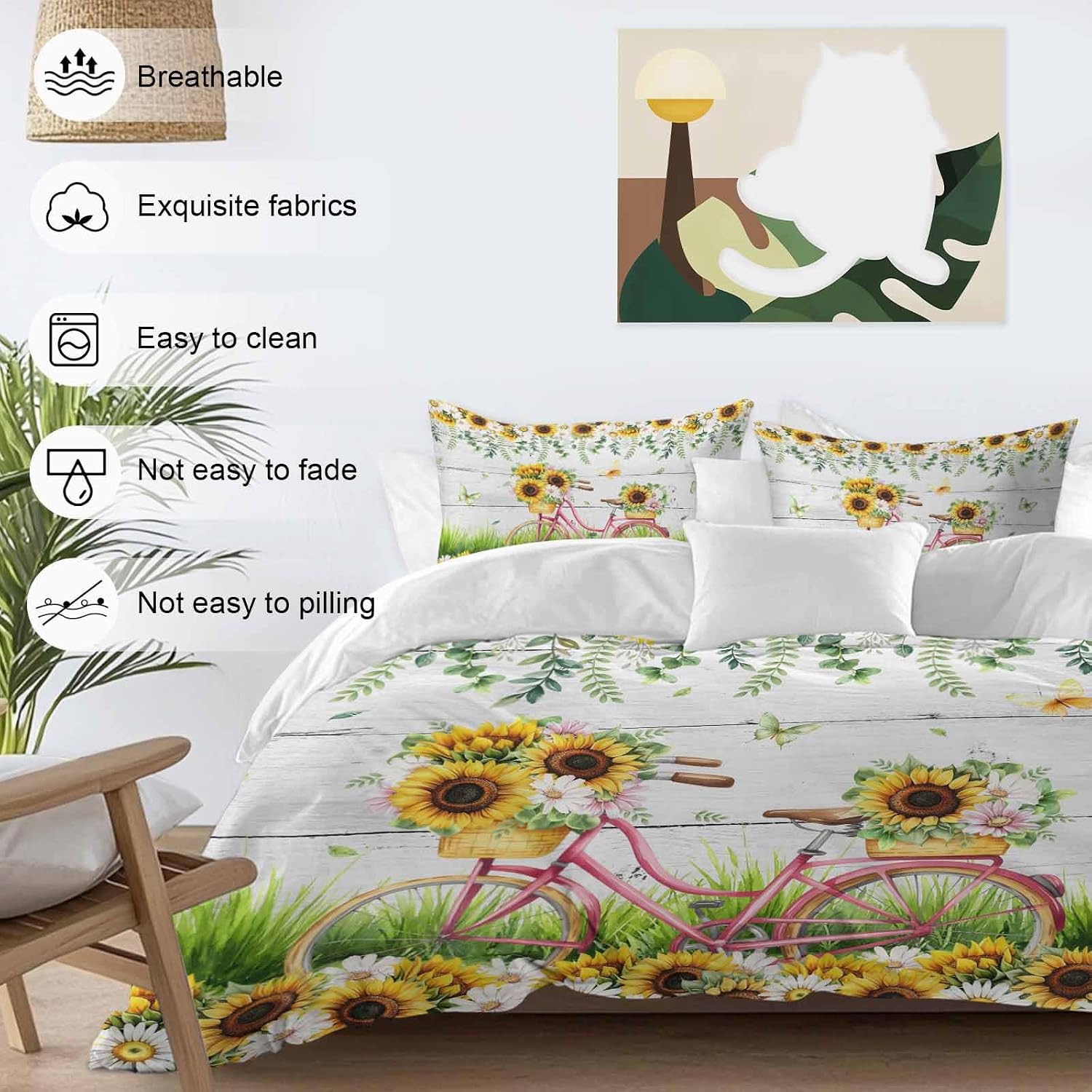 Spring Floral Duvet Cover Set Queen Size 4 Pieces Sunflower Daisy Bike Eucalyptus Leaves Grey Wood Bedding Set with Zipper Closure, 1 Comforter Cover 86x86 Inches 1 Flat Sheet & 2 Pillow Cases