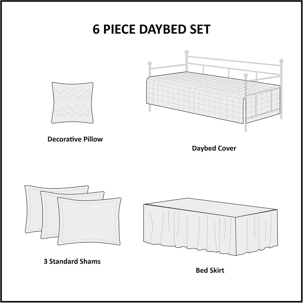 Madison Park Daybed Cover Set Damask Quilted Cover for Daybeds, All Season, Pre-Washed Cotton-Filled Coastal Bedding Scallop Edge, Shams, Bedskirt, Décor Pillows, Tuscany, Seafoam, 39'x75', 6 Piece