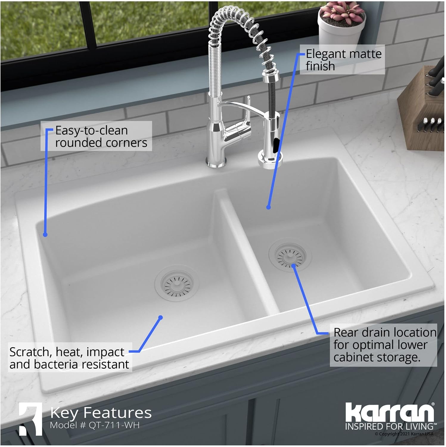 Karran 33-Inch Quartz Composite Drop-In 60/40 Low-Divide Double Bowl Kitchen Sink, Top-Mount, White, Heat & Scratch Resistant, Pre-Drilled Faucet Hole