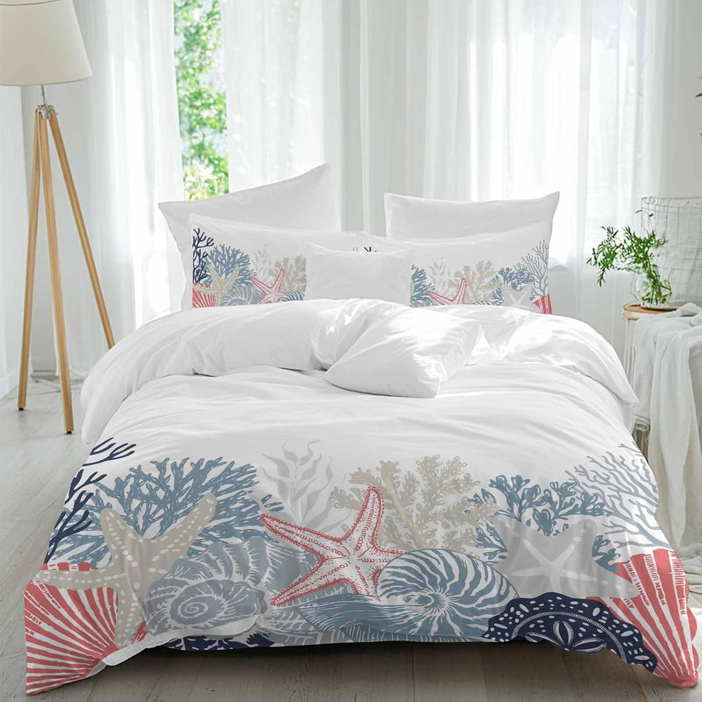 Summer Marine Life Duvet Cover Set Queen Size 4 Pieces Ocean Coral Coastal Starfish Blue Conch Bedding Set with Zipper Closure, 1 Comforter Cover 92x106 Inches 1 Flat Sheet & 2 Pillow Cases