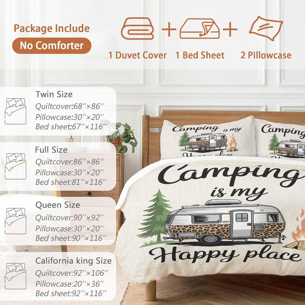 Prime Leader Camping is My Happy Place Duvet Cover Set Queen Size 4 Pieces Leopard RV Vintage Linen Bedding Set with Zipper Closure, 1 Comforter Cover 92x106 Inches 1 Flat Sheet & 2 Pillow Cases