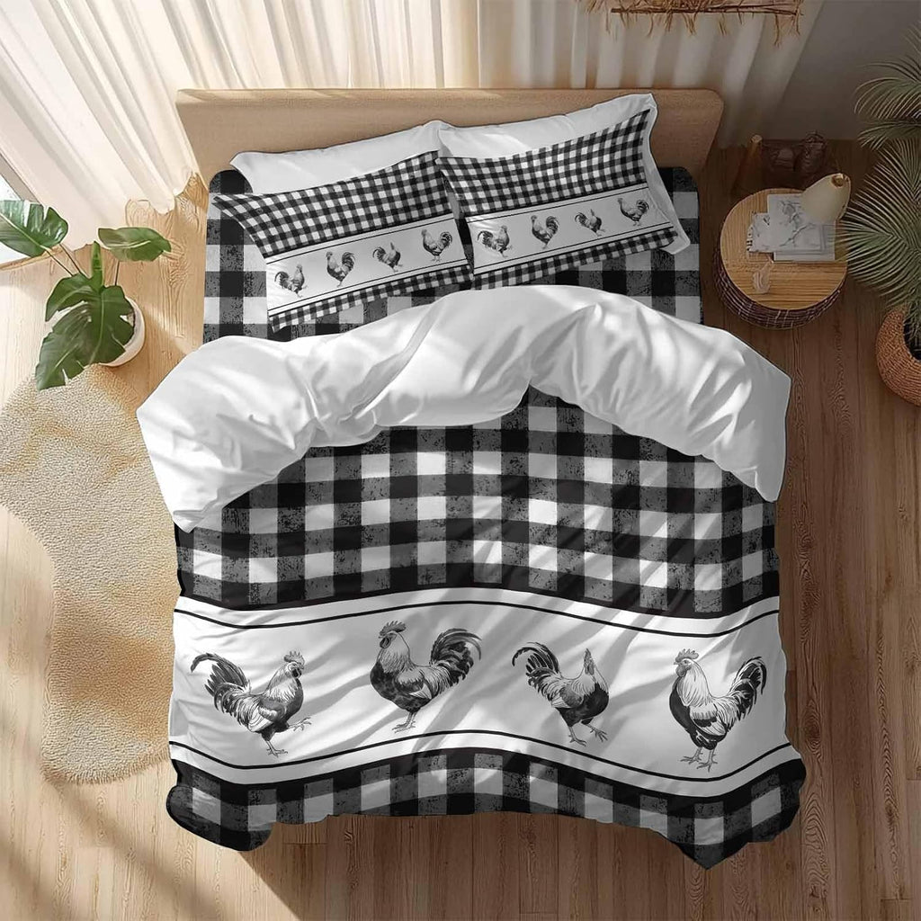 Prime Leader Vintage Black Plaid Duvet Cover Set Queen Size 4 Pieces Farm Cock Chicken Animal Watercolor Bedding Set with Zipper Closure, 1 Comforter Cover 92x106 Inches 1 Flat Sheet & 2 Pillow Cases