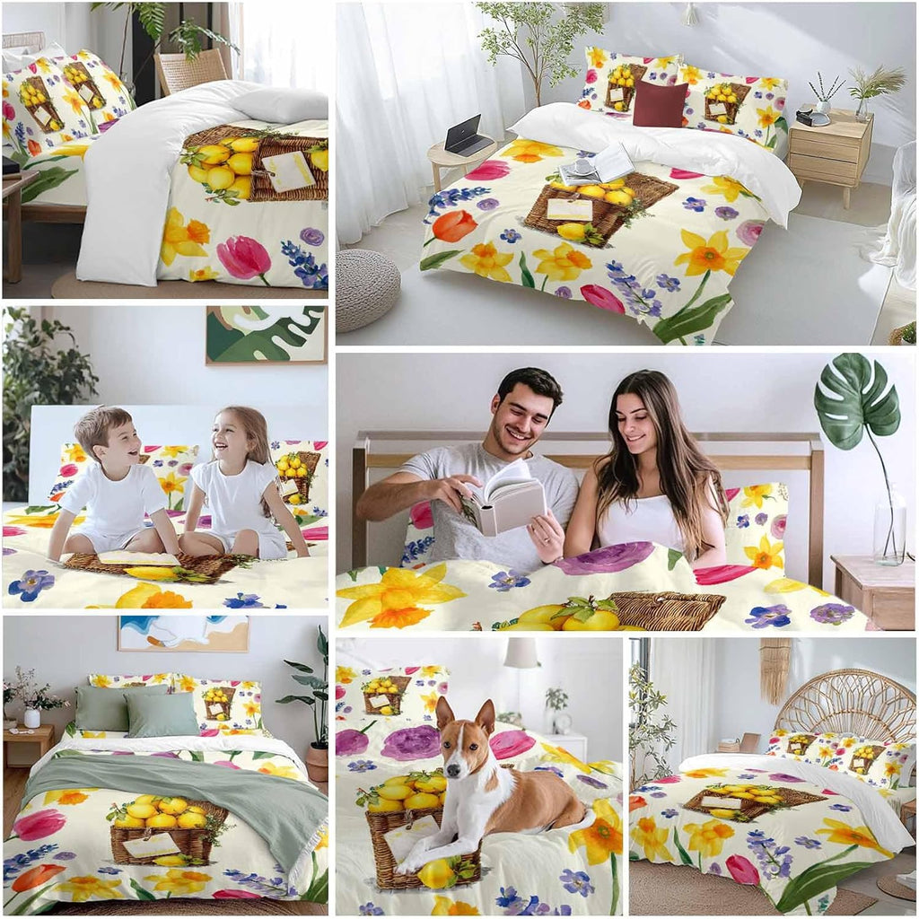 Spring Floral Duvet Cover Set Queen Size 4 Pieces Watercolor Lemon Oil Painting Flowers Farmhouse Bedding Set with Zipper Closure, 1 Comforter Cover 90x92 Inches 1 Flat Sheet & 2 Pillow Cases