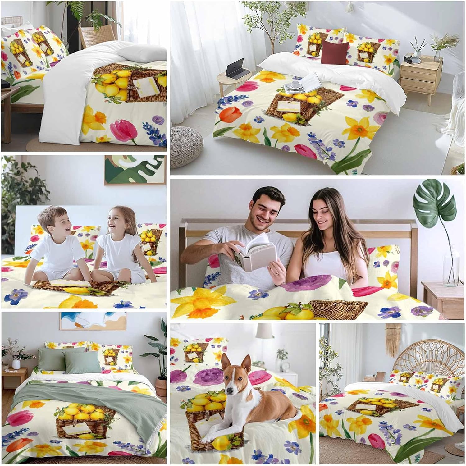 Spring Floral Duvet Cover Set Queen Size 4 Pieces Watercolor Lemon Oil Painting Flowers Farmhouse Bedding Set with Zipper Closure, 1 Comforter Cover 90x92 Inches 1 Flat Sheet & 2 Pillow Cases