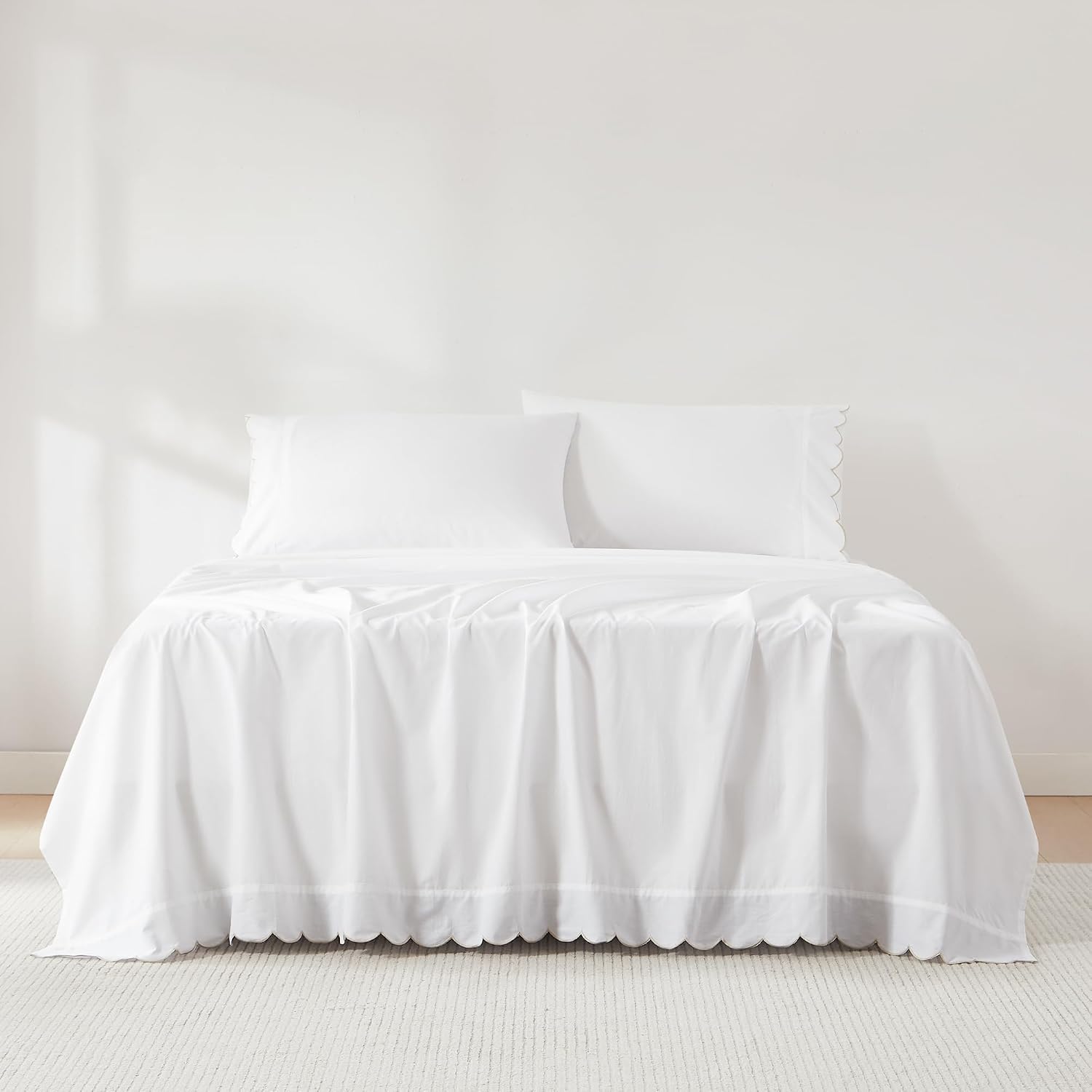 Lush Decor Coastal Chic Scalloped Edge Cotton Sheet Set 4 Piece Set Queen Neutral - White Sheets - Scallop Trim - Bed Sheets - Coastal Decor