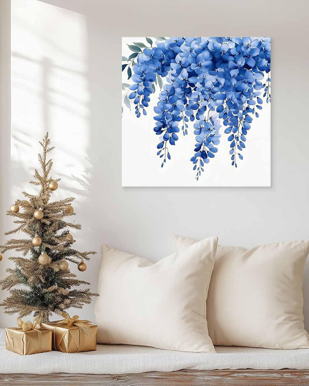 Blue Floral Canvas Wall Art - Vintage Watercolor Spring Gradient Blue Flowers Green Leaf - Modern Wall Decor Gallery Canvas Wraps Giclee Print Stretched and Framed Ready to Hang - 24' x 24'
