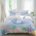 Ocean Marine Life Duvet Cover Set Queen Size 4 Pieces Watercolor Fish Tails Starfish Sea Nut Seagrass Bedding Set with Zipper Closure, 1 Comforter Cover 92x106 Inches 1 Flat Sheet & 2 Pillow Cases