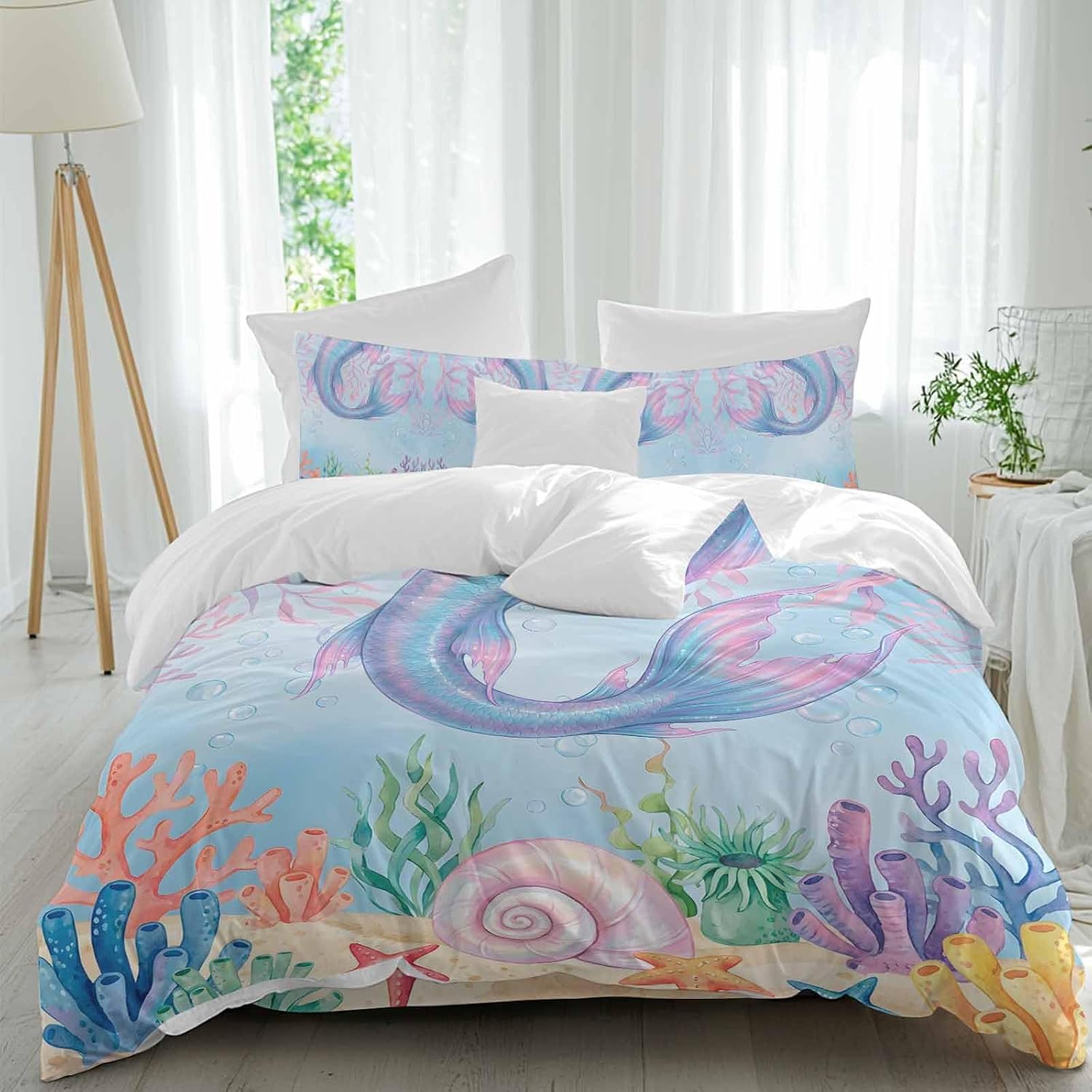 Ocean Marine Life Duvet Cover Set Queen Size 4 Pieces Watercolor Fish Tails Starfish Sea Nut Seagrass Bedding Set with Zipper Closure, 1 Comforter Cover 92x106 Inches 1 Flat Sheet & 2 Pillow Cases