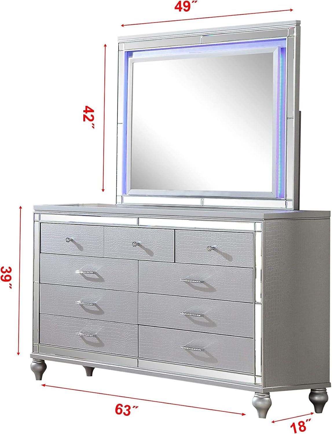 Full 4 PC LED Bedroom Set Made with Wood in Silver Color
