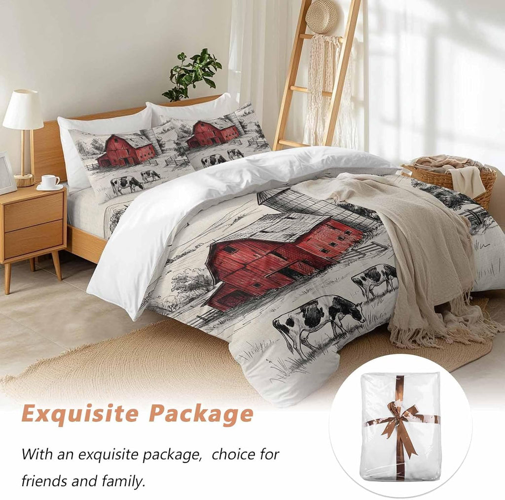 Farmhouse Duvet Cover Set Queen Size 4 Pieces Pastoral Landscape Watercolor Barn Farm Dairy Cow Retro Bedding Set with Zipper Closure, 1 Comforter Cover 92x106 Inches 1 Flat Sheet & 2 Pillow Cases